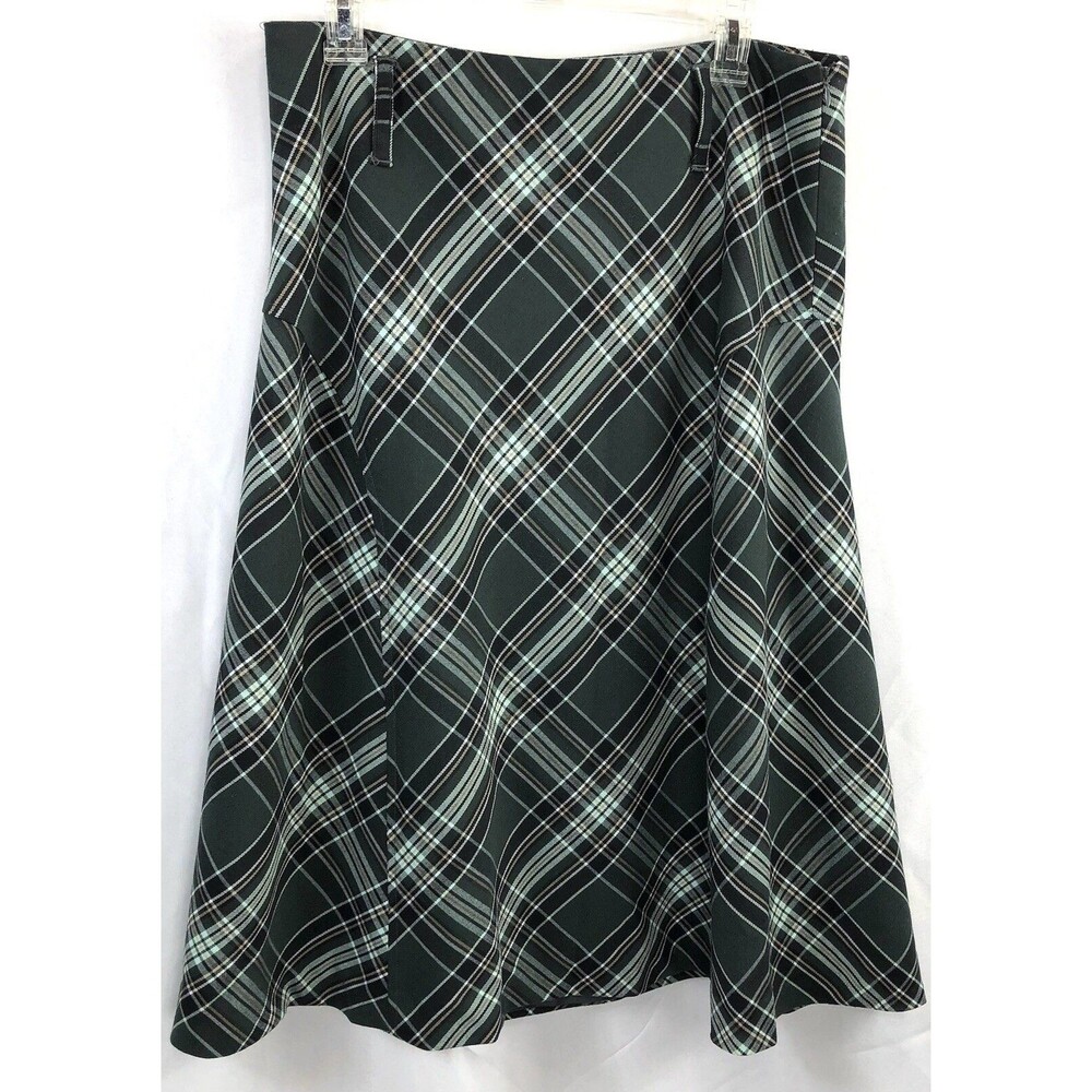 Jones NY A-Line Skirt 12 Gray Green Plaid 32" W Below Knee Academia Preppy Y2K